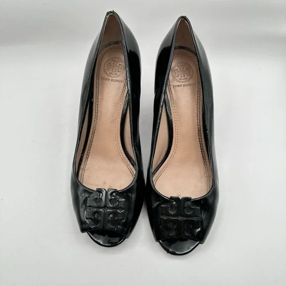 Tory Burch Lowell Wedge Heels Womens 7M Black Patent Leather Peep Toe Luxury CEO - Picture 5 of 10
